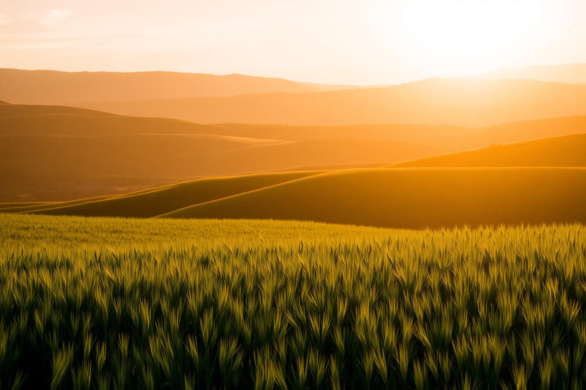 Rolling farmland at golden hour